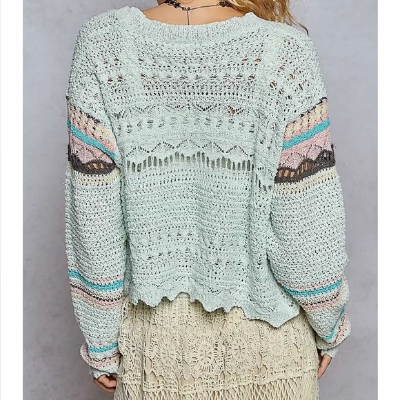 POL Arctic Blue Abstract Print Cropped Crochet Cardigan Sweater Size L - Picture 3 of 14